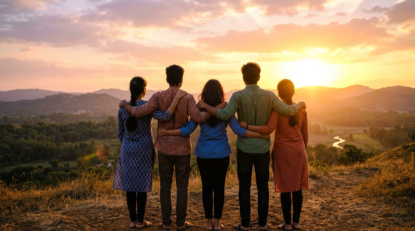 Group of youth standing together with arms on shoulders looking at a golden sunset