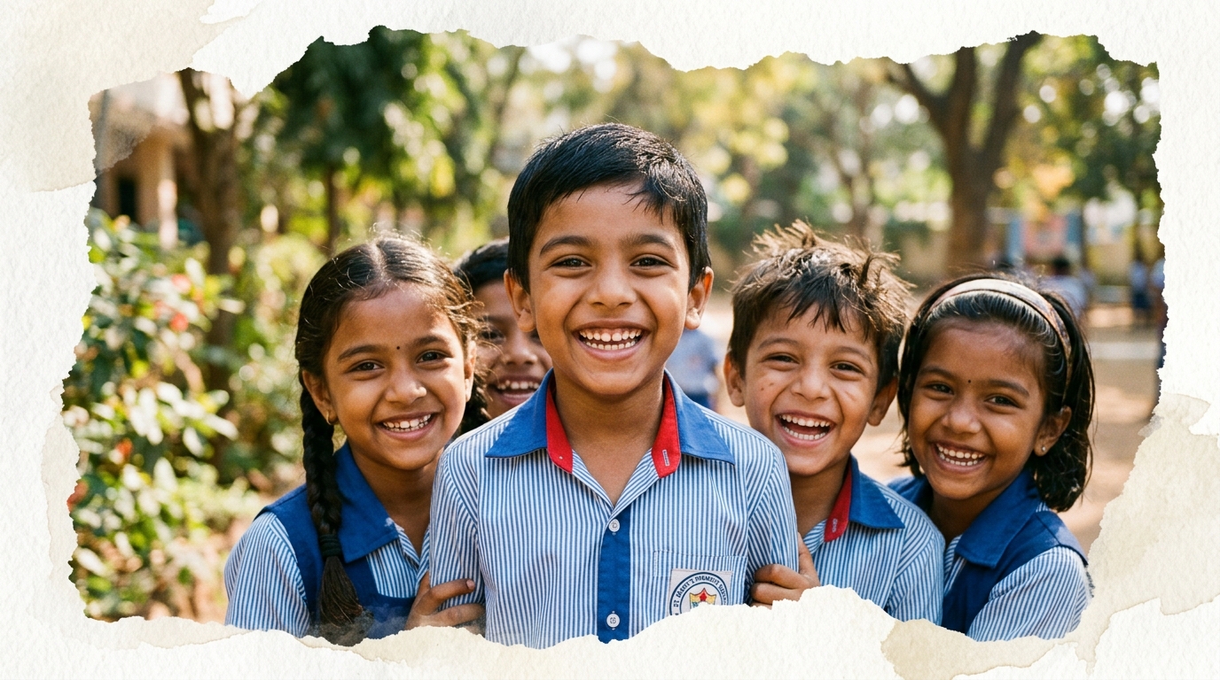 Joyful smiling Indian school children representing Yuva Sathi Sangathan community impact