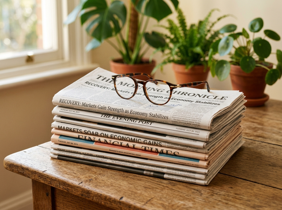 Stack of newspapers with reading glasses in soft warm natural light
