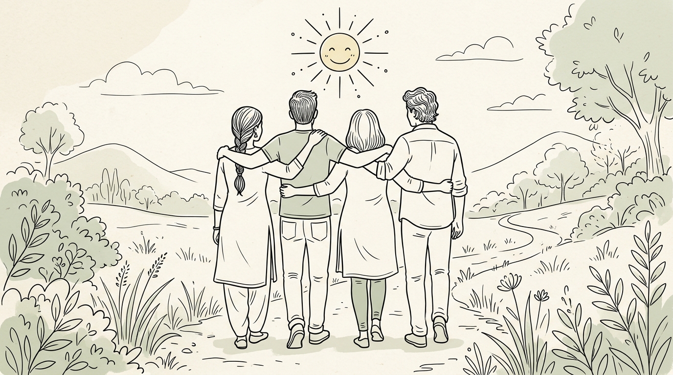 Hand-drawn illustration of youth standing together under a smiling sun